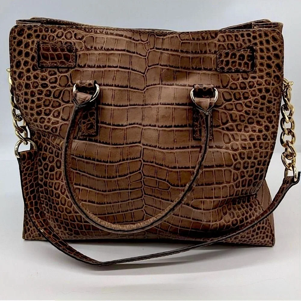 Michael Kors Hamilton Croc-Embossed Leather Tote Bag Brown Gold Authenticated
